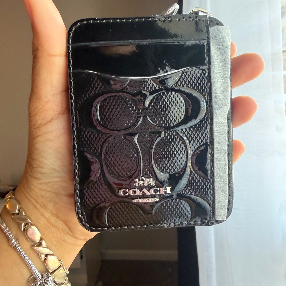 Coach Black Patent Card Case with Signature Emboss